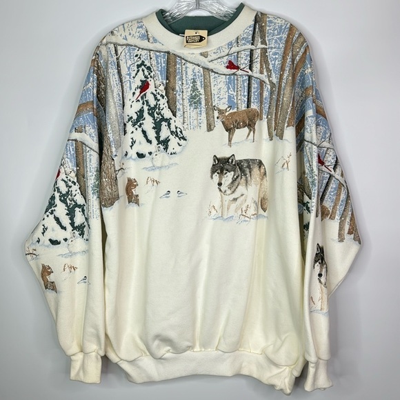 Vintage Artisans AOP Snow Winter Forest Wolf Crew Sweatshirt XL NWT - Picture 1 of 11